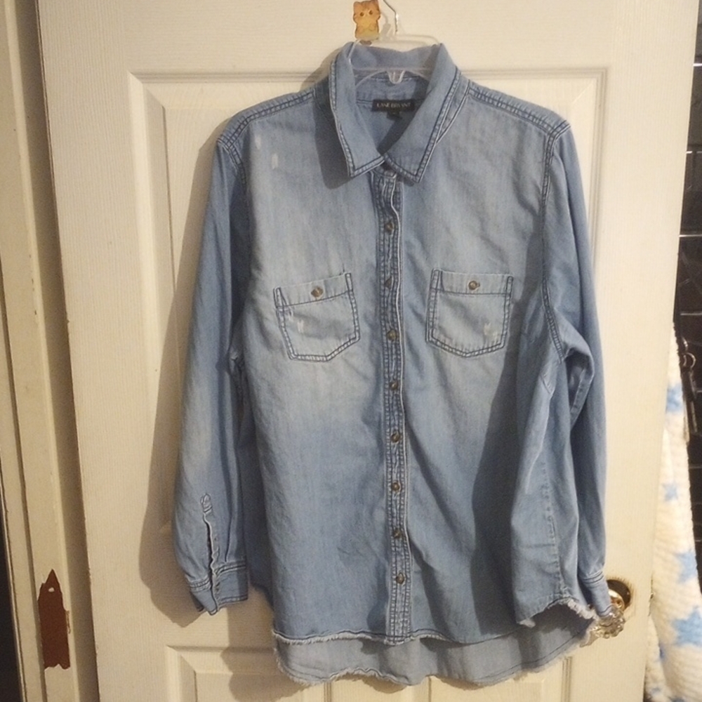 Lane Bryant Light Blue Casual Distressed  Denim Button Down Shirt Size 18